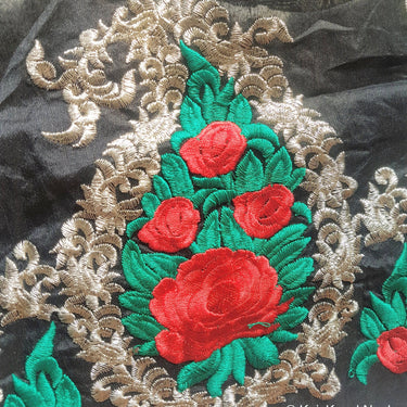 Black / Olive Green Silk Fabric Trim With Red, Green And Gold Floral Rose Embroidery, Indian Laces